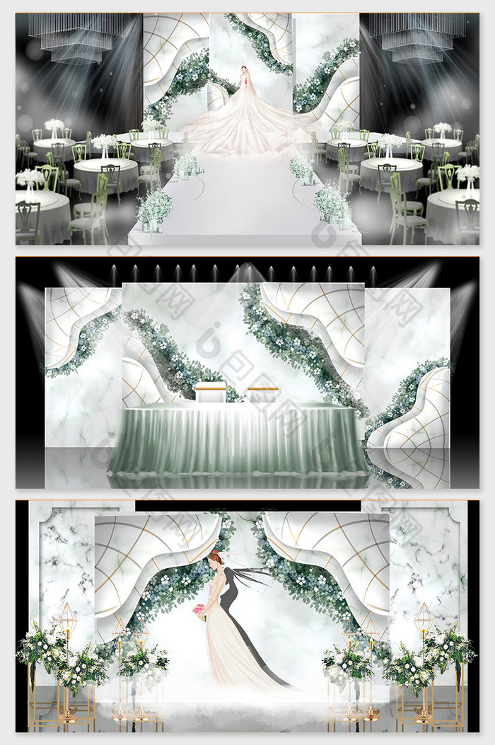 现代森系大理石主题设计婚礼场景效果图