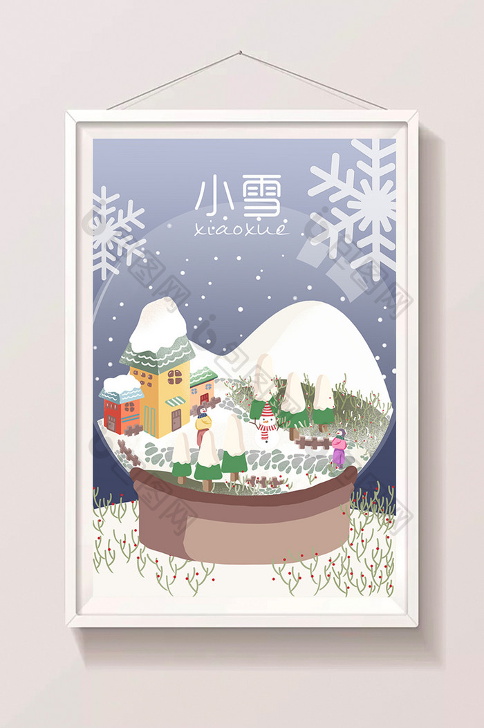 手绘清新小雪大学节气水晶球堆雪人插画