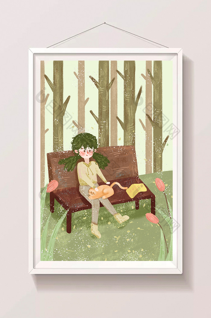 棕绿色小清新公园女孩节气霜降插画海报