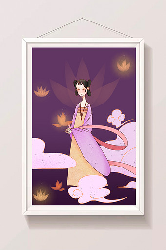 紫色唯美清新中国风中元节古代仕女图插画图片