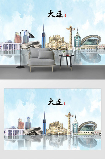 现代素描彩绘泼墨大连市城市剪影背景墙图片