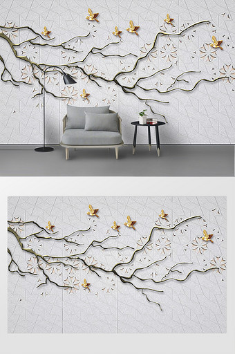 3d立体一颗树枝现代简约背景墙壁画图片