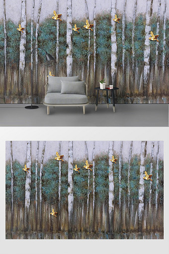 现代北欧油画树林浮雕小鸟背景墙图片
