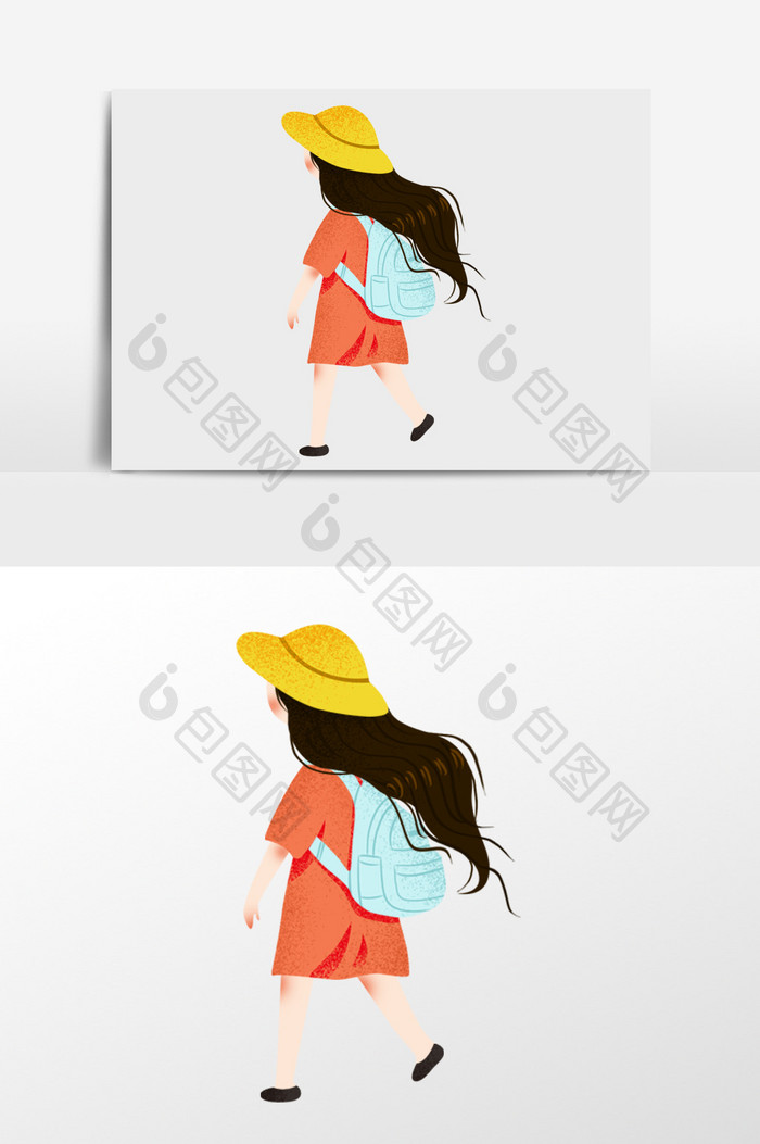 背书包走路的女孩背影插画元素
