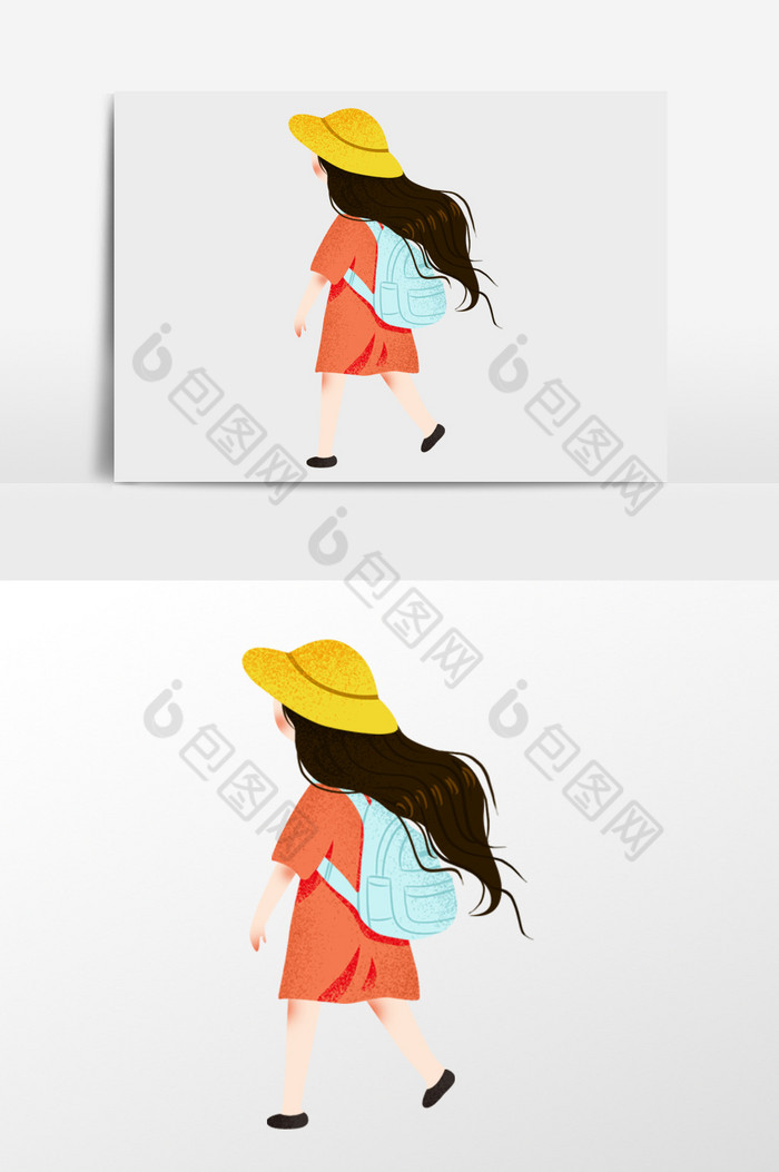 背书包走路的女孩背影插画图片