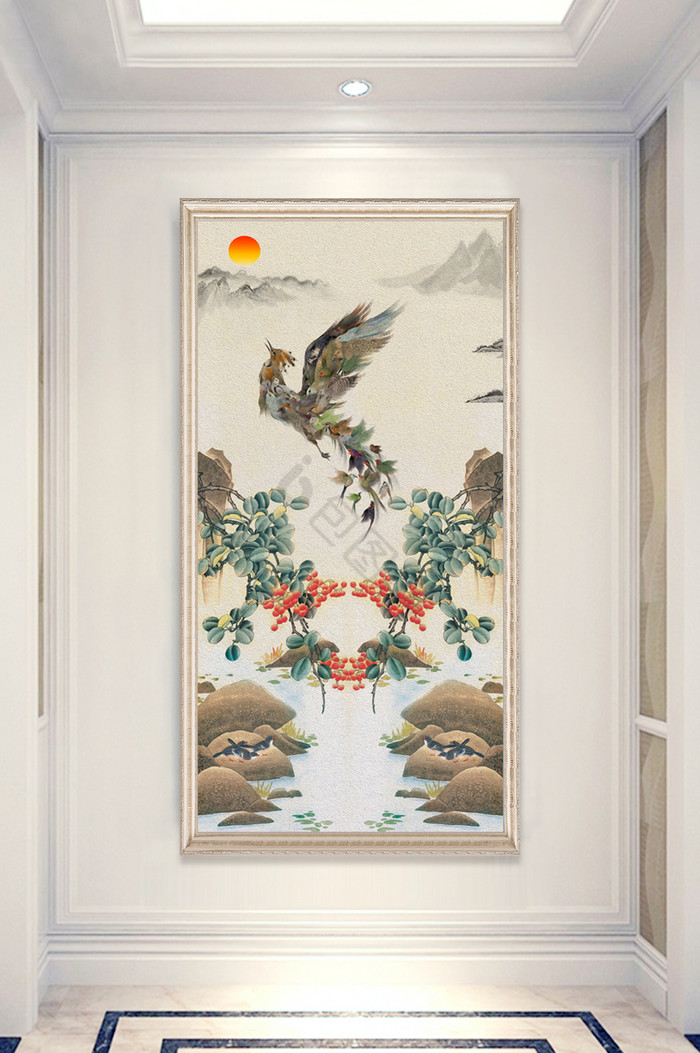 中式手绘山水景色花鸟玄关装饰画图片