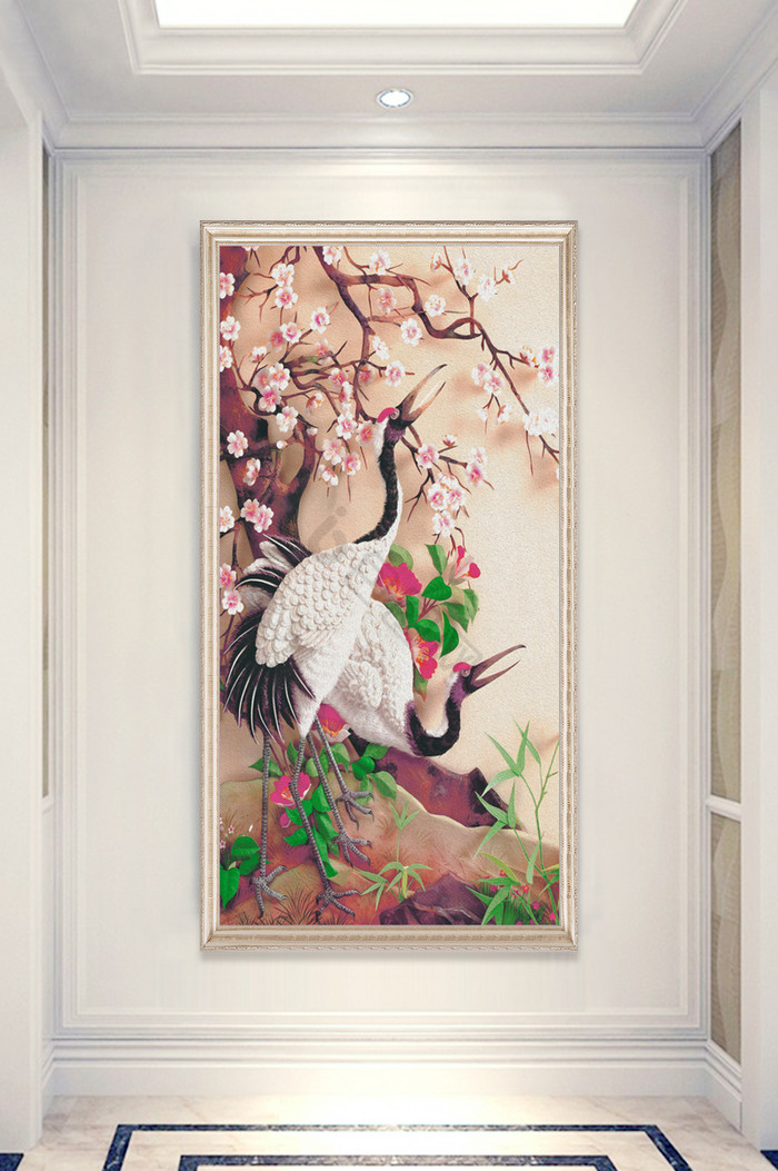 中式手绘浮雕梅花白鹤玄关装饰画r图片
