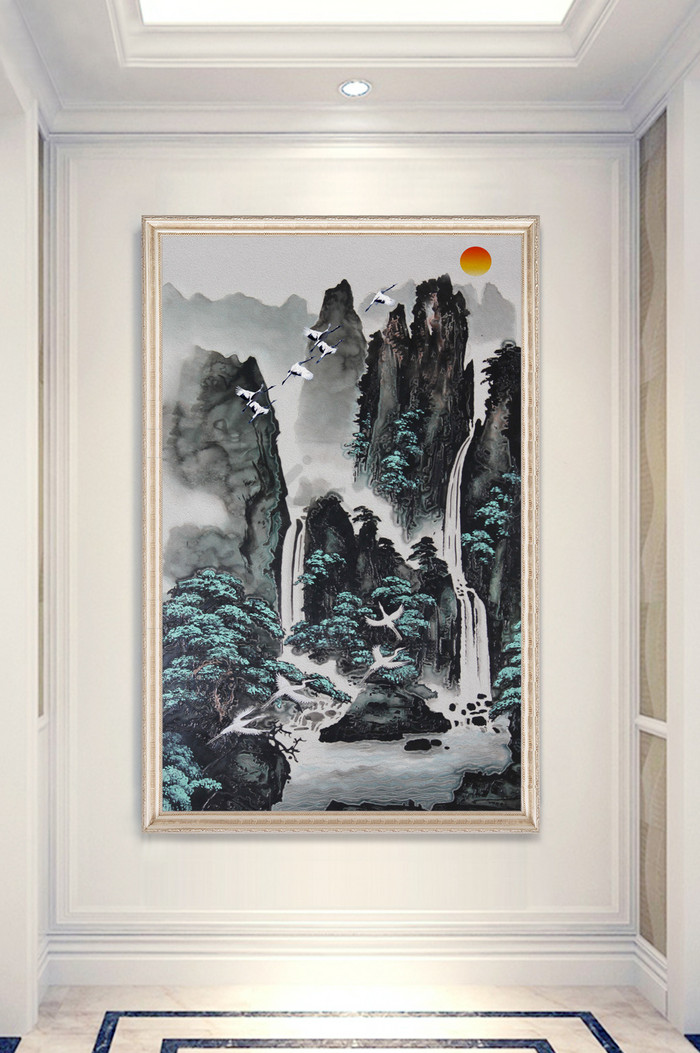 中式水墨画白鹤山高水长玄关装饰图图片