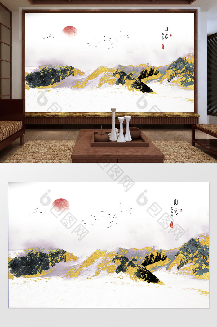 新中式水墨国画抽金色象飞鸟山背景墙
