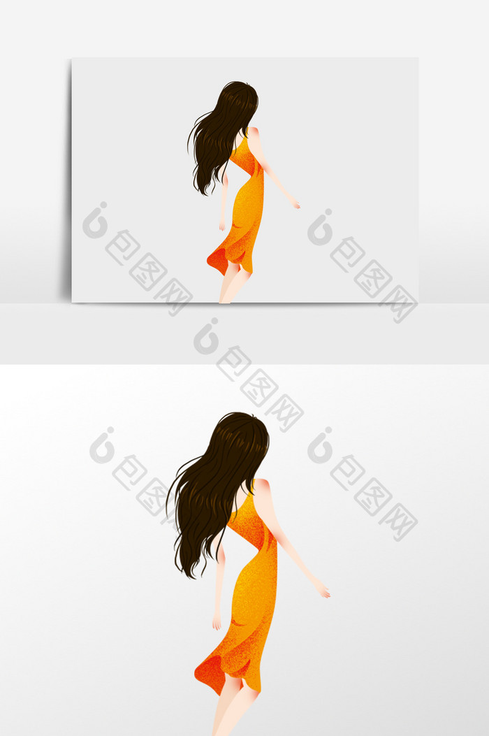 手绘穿橘色裙子的女孩插画元素