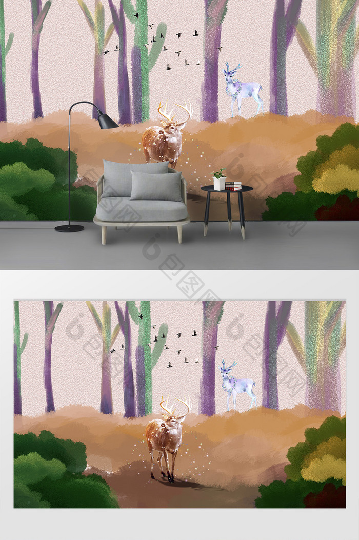 新现代北欧森林麋鹿水彩画背景墙