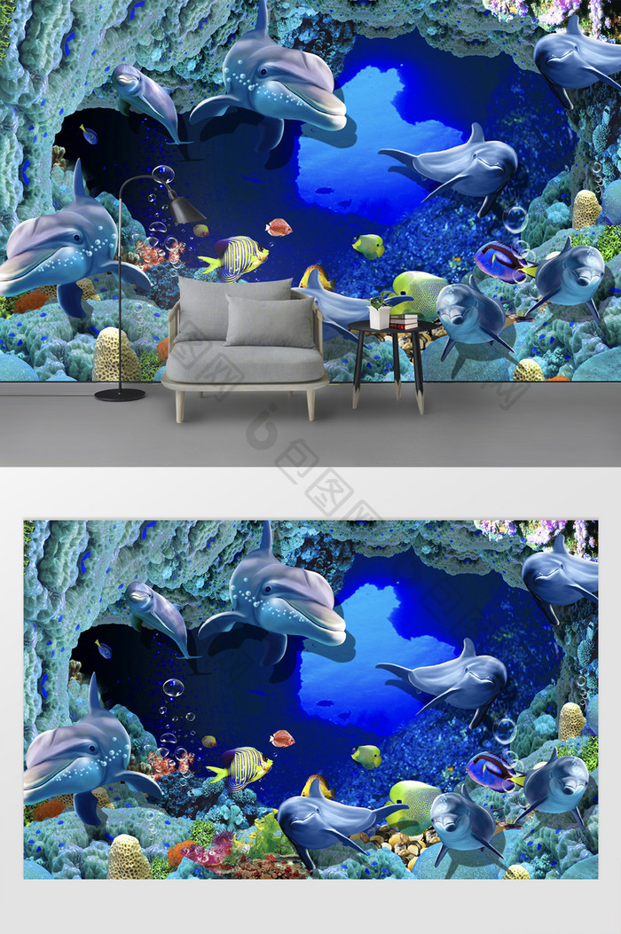 现代唯美海洋小动物珊瑚世界海豚电视背景墙