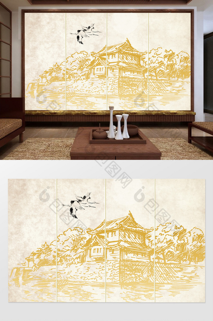 新中式手绘古代建筑背景墙壁画