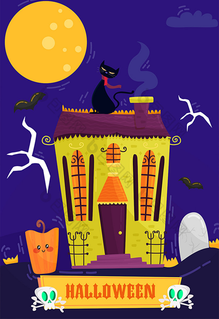 卡通可爱黑猫万圣节女巫城堡夜空插画
