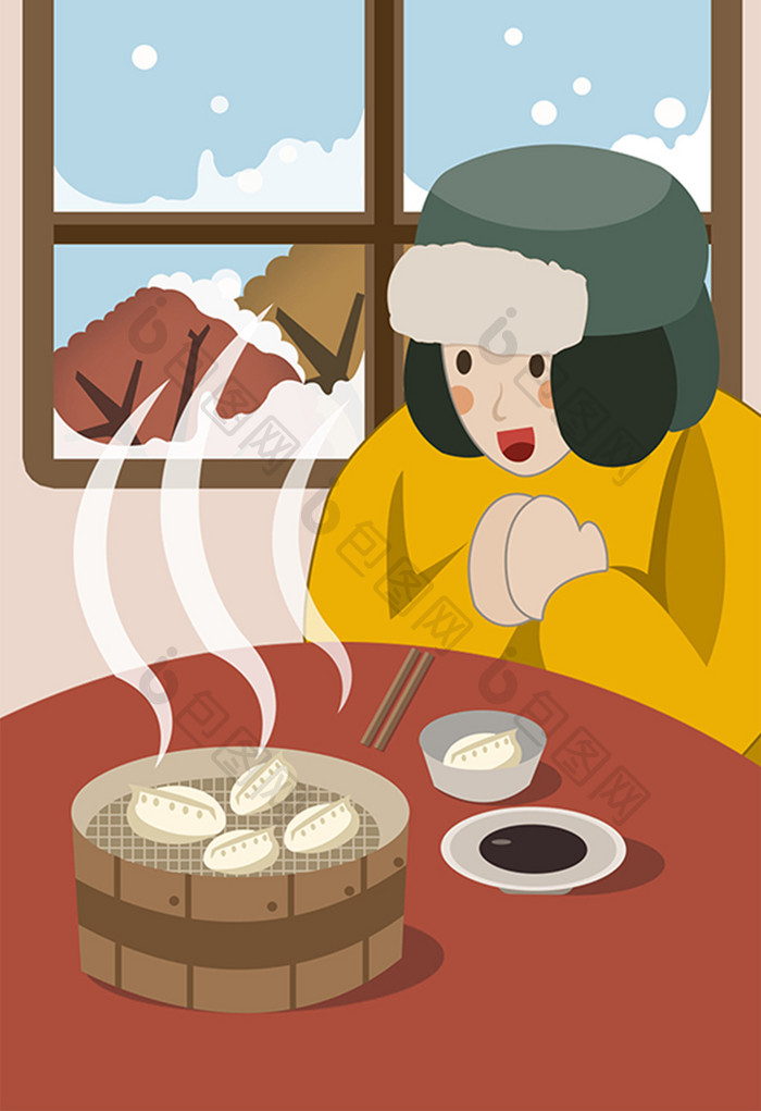 彩色卡通立冬女孩吃饺子插画