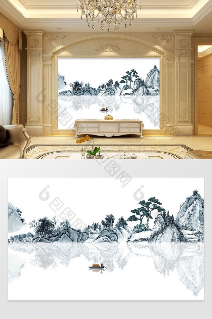 新中式抽象国画山水风景艺术水墨背景墙