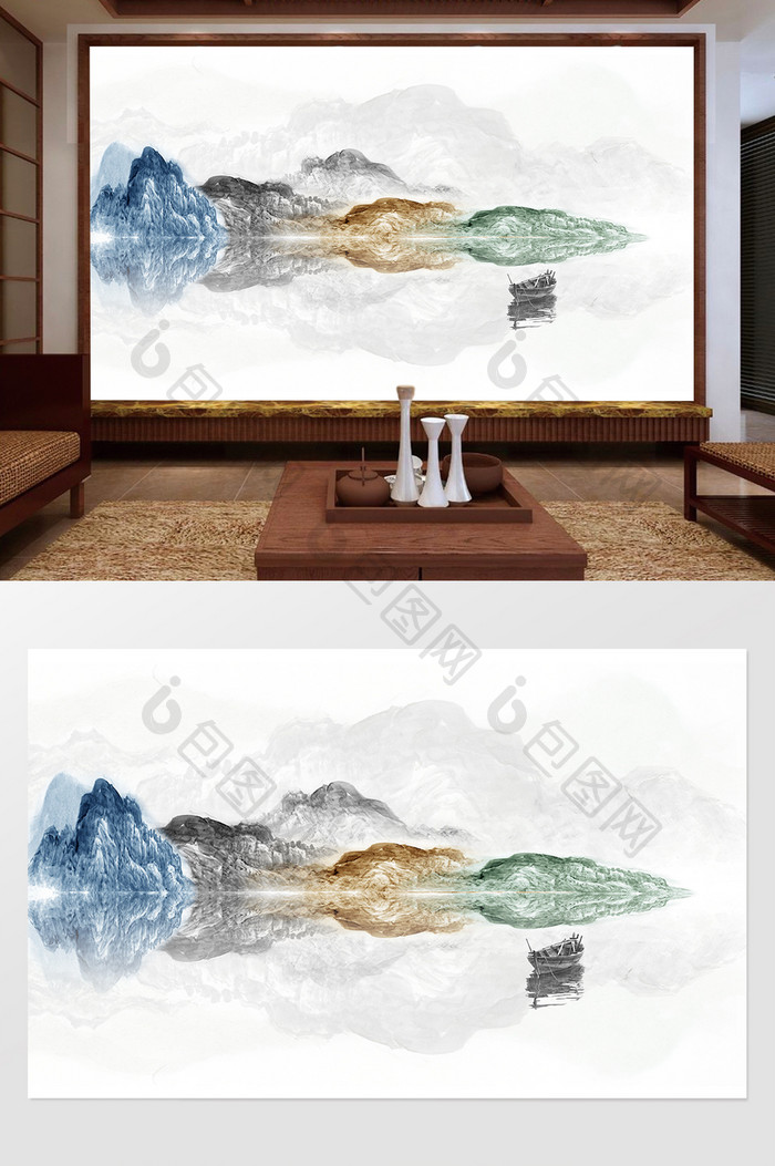 新中式山水国画水墨背景墙风情山河