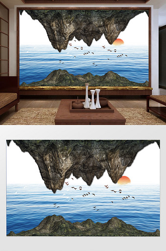 新中式大气岩石山水背景墙图片