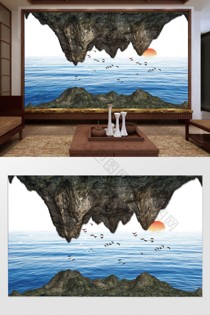 新中式大气岩石山水背景墙图片图片