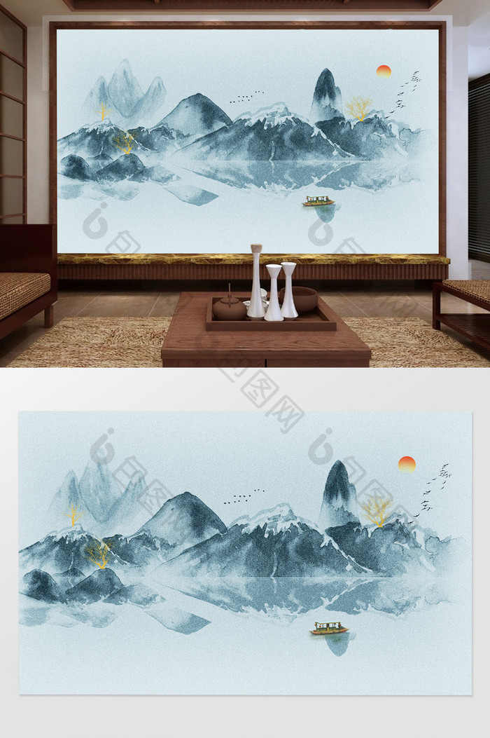 新中式蓝色手绘水墨山水电视背景墙