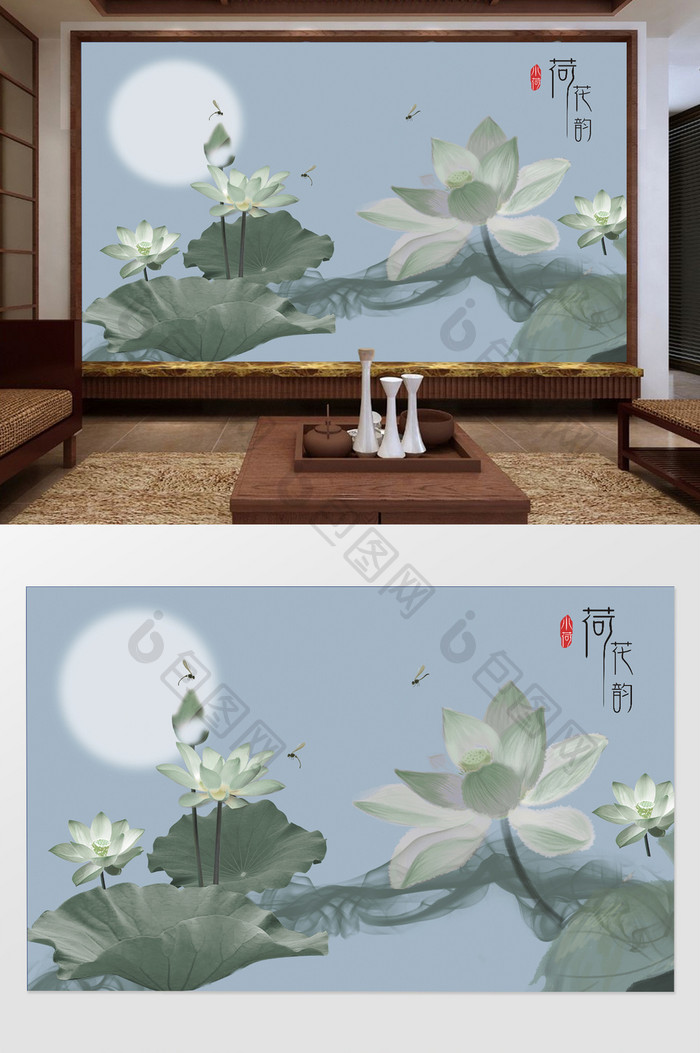新中式手绘写意荷花韵电视机背景墙