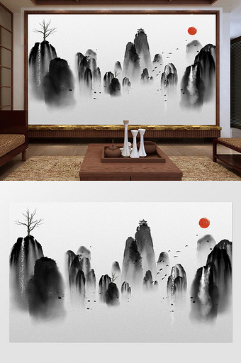 新中式中国风创意水墨山水电视背景墙图片