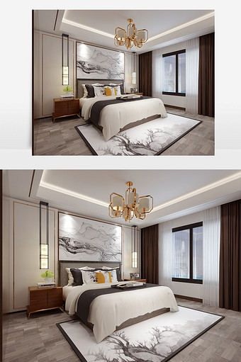 白色双人大床和赭石色实木床头柜图片