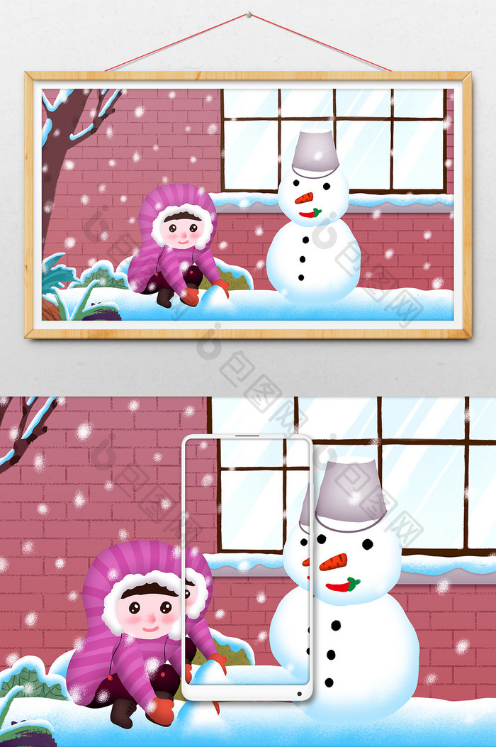 冬天大雪小雪下雪女孩屋外堆雪插画