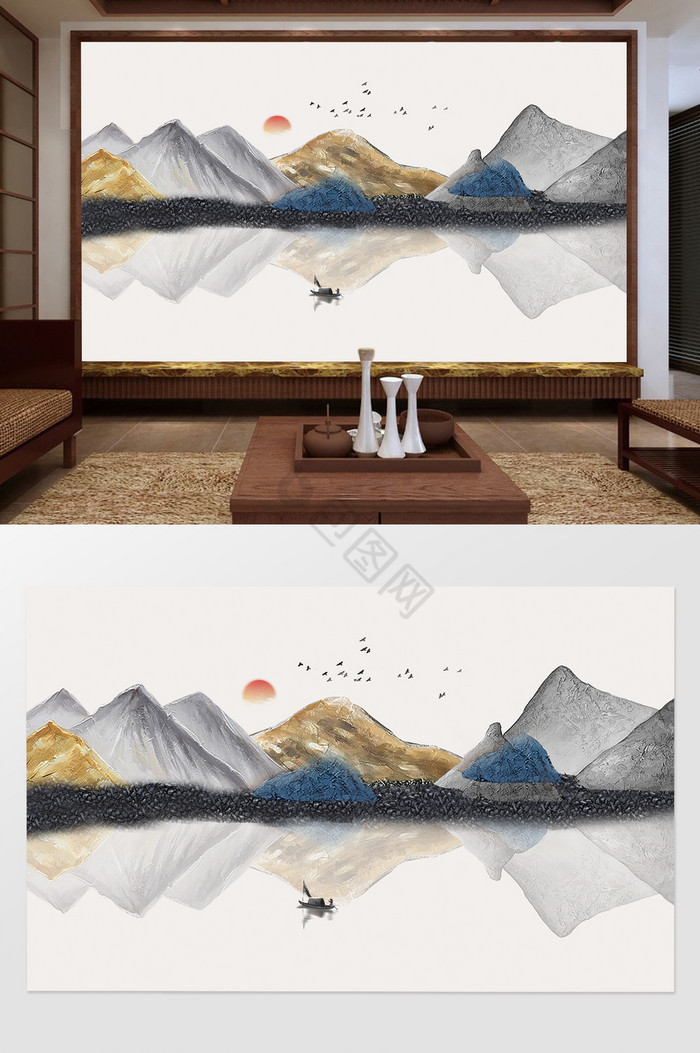 新中式抽象立体浮雕山水背景墙图片