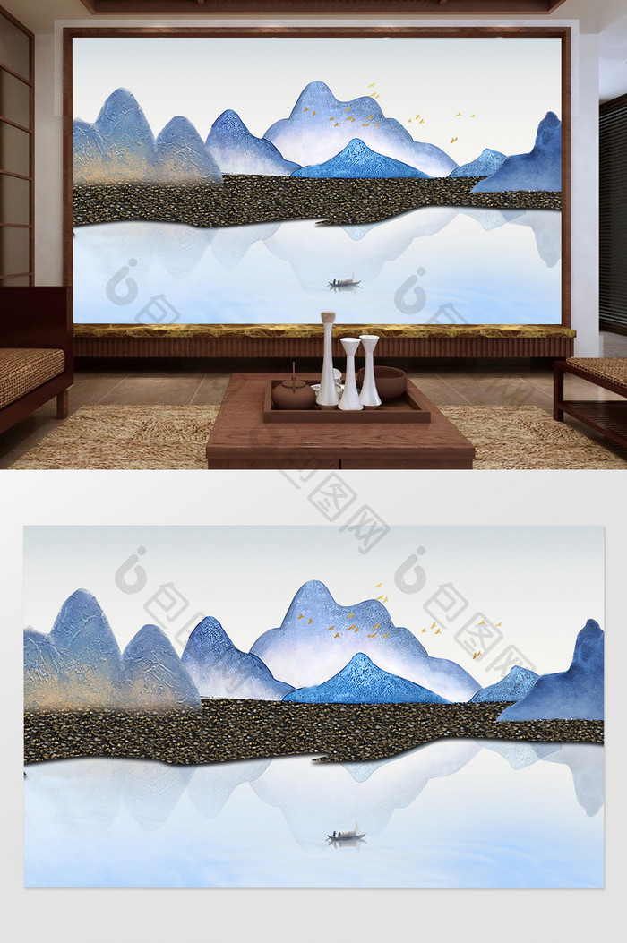 新中式抽象立体浮雕油画山水电视背景墙