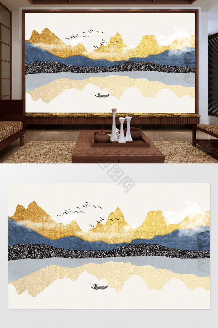 新中式抽象浮雕立体金箔山水背景墙图片