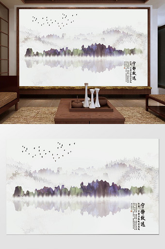 新中式手绘抽象线条爵士白电视背景墙图片