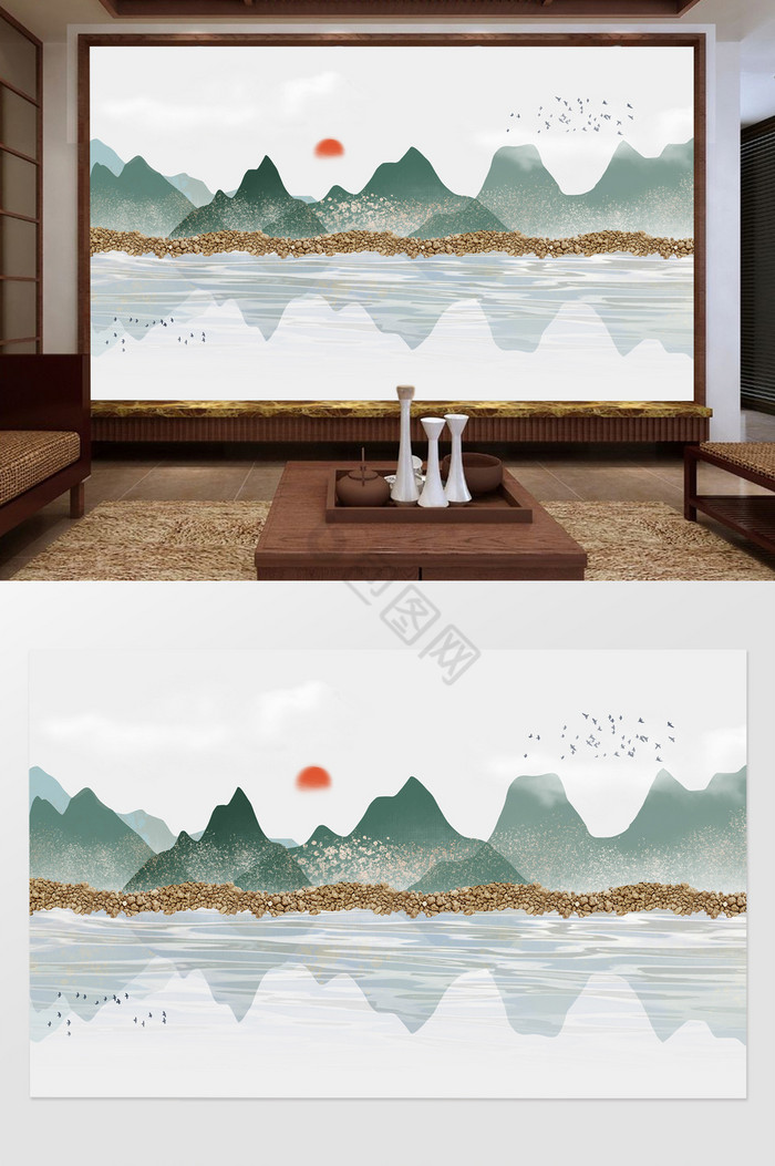 新中式抽象立体山水电视背景墙图片