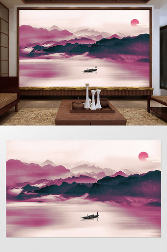新中式紫色唯美山峦小船定制电视背景墙图片