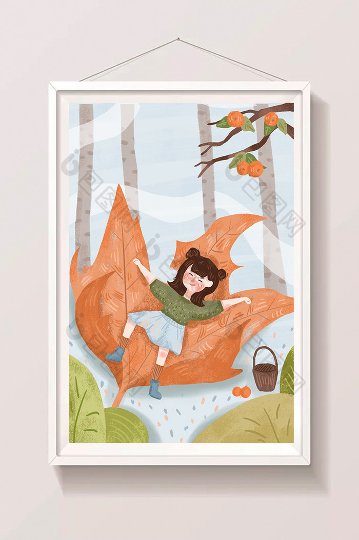 橘色枫叶树林女孩节气霜降插画图片图片