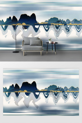 现代风蓝色创意山体波纹定制背景墙