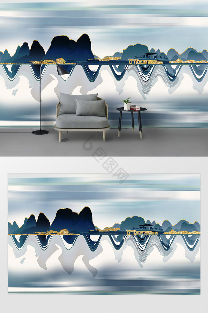 现代风蓝色创意山体波纹定制背景墙图片