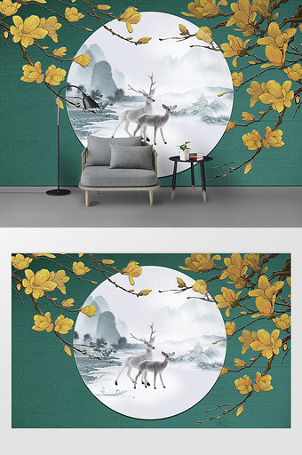 现代风创意花枝麋鹿绿色底纹定制背景墙图片