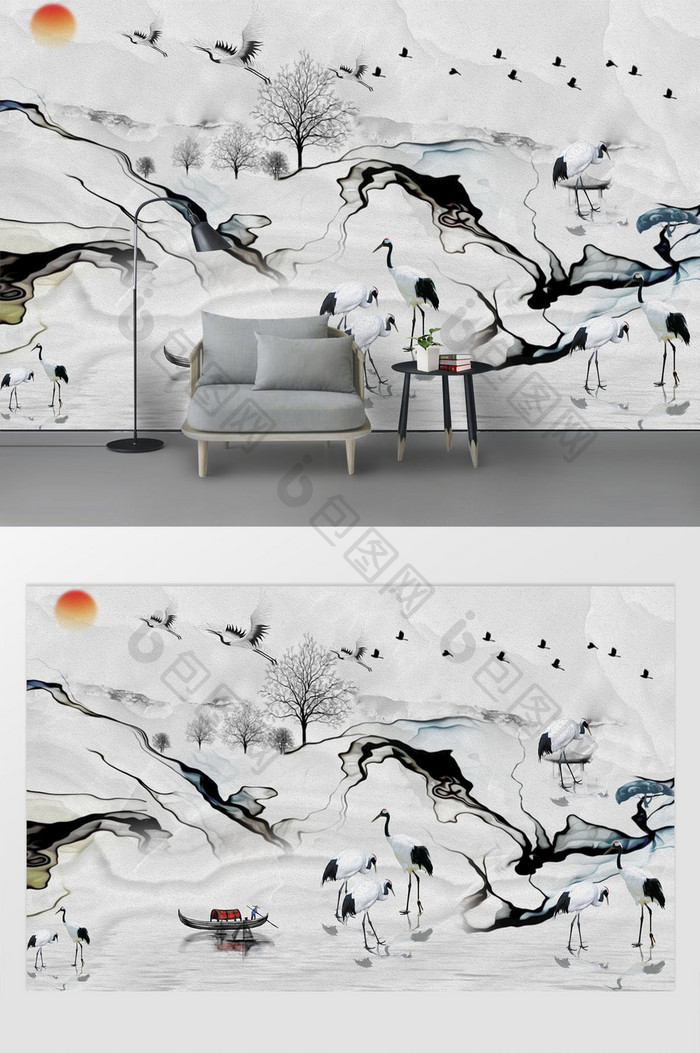 现代抽象山水白鹤背景墙