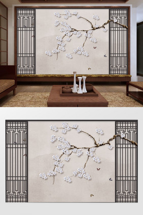 创新中式工笔玉兰花鸟卧室背景墙