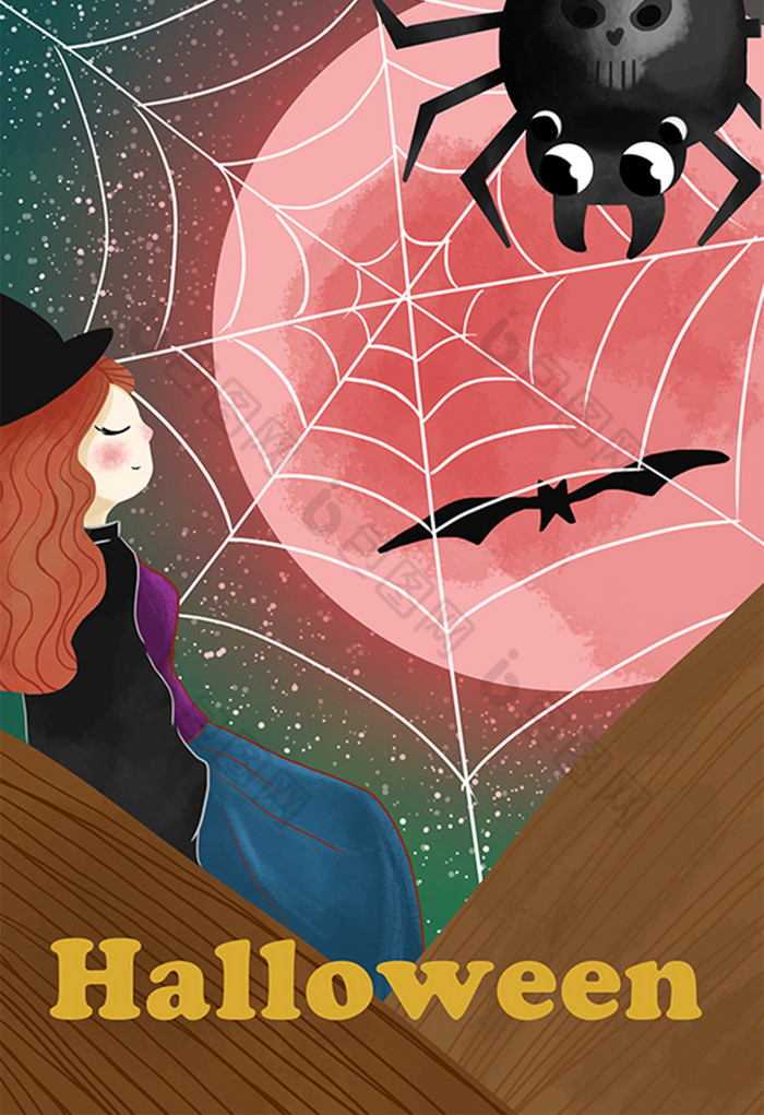 万圣节蜘蛛的可爱小女巫插画