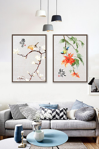 中国风水墨彩绘花鸟二联装饰画图片