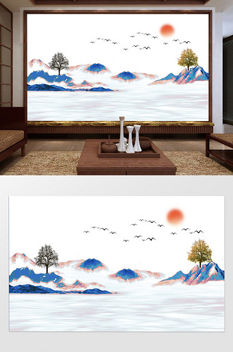 中式水墨山水飞鸟电视背景墙定制图片