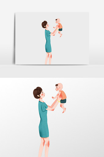 手绘妈妈抱孩子的插画元素图片