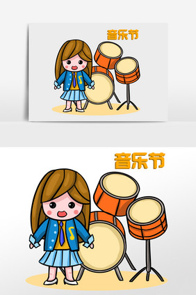 蓝色音乐节敲鼓女孩插画