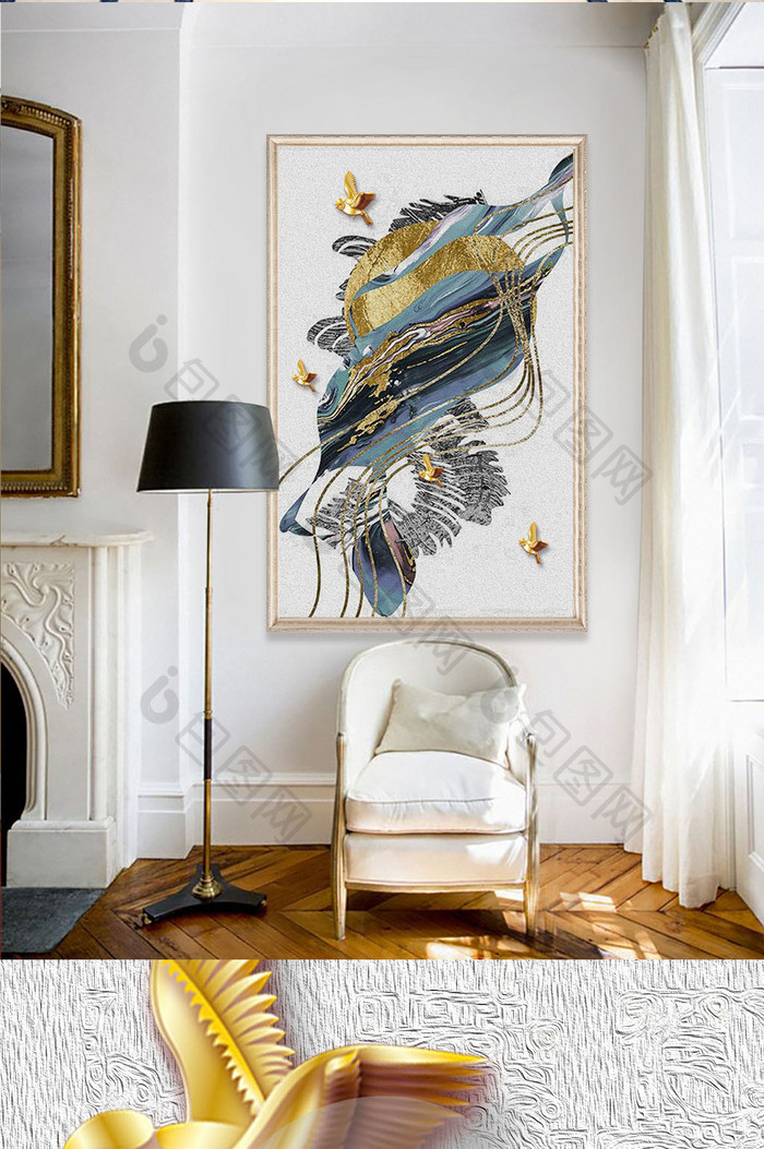 现代抽象油画山水金色飞鸟线条玄关画