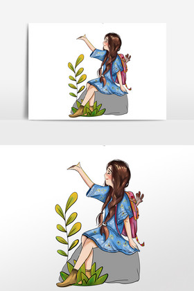 郊游女孩呼吸新鲜空气插画
