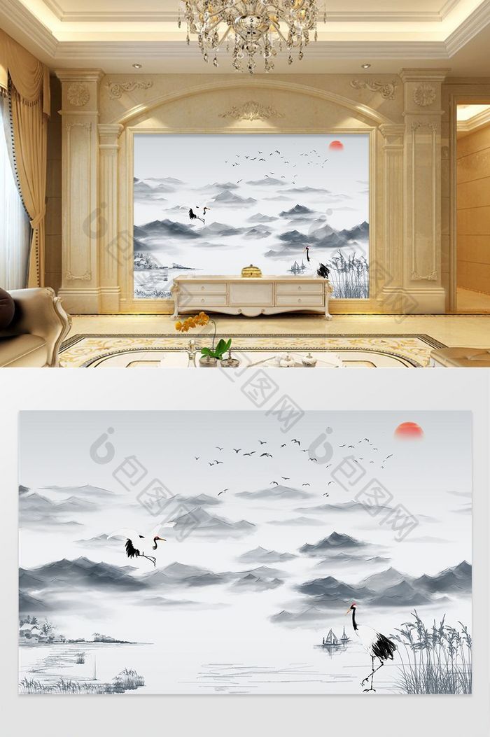 新中式水墨黑白意境山水仙鹤电视机背景墙