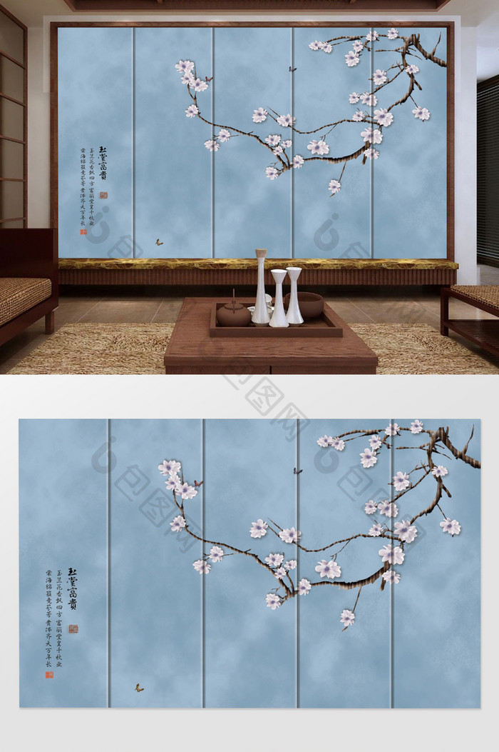 新中式手绘梅花工笔花鸟背景墙