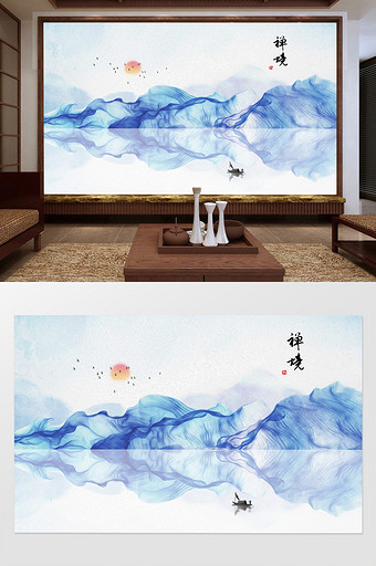 蓝色简约创意抽象新中式水墨山水背景墙壁画图片